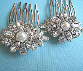2 Wedding Hair Combs, Pearl Hair Piece, Bridal Hair Accessories, Crystal Flower Hair Accessories, Vintage Style Accessories