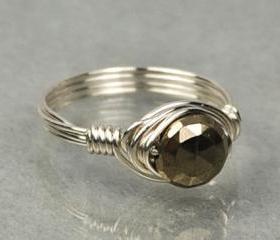 Wire Wrapped Sterling Silver Ring with Tiny Round Faceted Pyrite Gemstone- Custom Made to Size