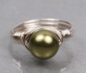 Wire Wrapped Sterling Silver Ring with Green Swarovski Pearl- Custom Made to Size