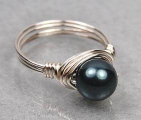 Wire Wrapped Sterling Silver Ring with Tahitian Blue Swarovski Pearl- Custom Made to Size