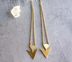 Triangle gold brass long earrings, geometric jewelry, arrow, chevron,