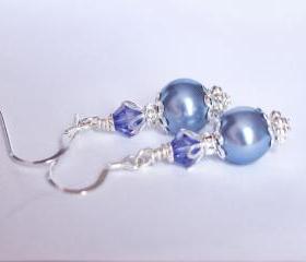 Tanzanite and Blue Vintage Earrings for Bridesmaids or Gift, Drop Pearl Earrings in Purple