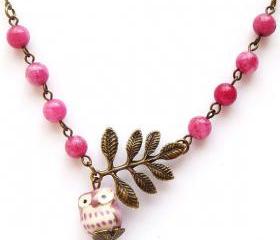 Antiqued Brass Leaf Purple Jade Porcelain Owl Necklace