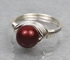 Wire Wrapped Sterling Silver Ring with Bordeaux Swarovski Pearl- Custom Made to Size