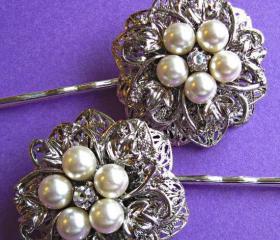 Wedding Hair Pins, Ivory Pearl Hair Piece, Filigree Flower, Bridal Bobby Pins, set of 2, Pearl Blossom Collection