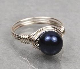Wire Wrapped Sterling Silver Ring with Navy Blue Swarovski Pearl- Custom Made to Size
