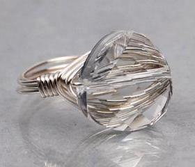 Wire Wrapped Sterling Silver Ring with Clear Twist Crystal- Custom Made to Size
