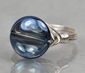 Wire Wrapped Sterling Silver Ring with Round Mystic Blue Iolite Quartz - Custom Made to Size