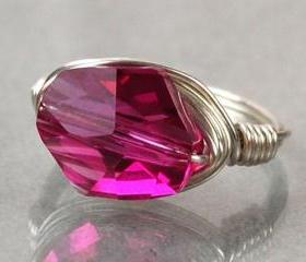 Sterling Silver Wire Wrapped Ring with Fuchsia Swarovski Crystal- Custom Made to Size