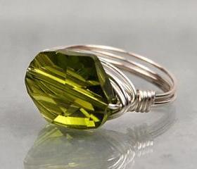 Sterling Silver Wire Wrapped Ring with Olivine Green Swarovski Crystal- Custom Made to Size