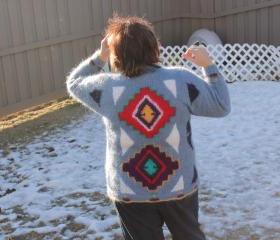 Ready to be shipped/ One of a kind Warm Grey Red Sweater / Handmade HandKnit Crew Neck, Long Sleeved / Unique Unisex/SIZE LARGE