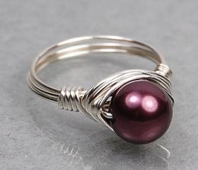 Wire Wrapped Sterling Silver Ring with Burgundy Swarovski Pearl- Custom Made to Size