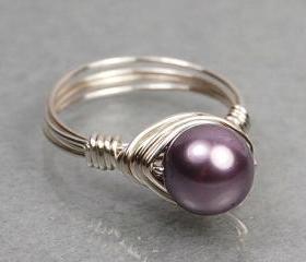 Wire Wrapped Sterling Silver Ring with Mauve Swarovski Pearl- Custom Made to Size