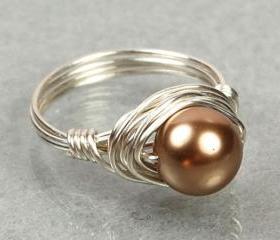 Wire Wrapped Sterling Silver Ring with Bronze Swarovski Pearl- Custom Made to Size