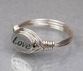 Sterling Silver Wire Wrap Ring with Oval LOVE Sterling Silver Bead - Custom Made to Size