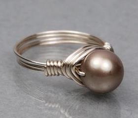 Wire Wrapped Sterling Silver Ring with Platinum Swarovski Pearl- Custom Made to Size