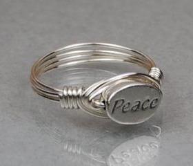 Sterling Silver Wire Wrap Ring with Oval PEACE Sterling Silver Bead - Custom Made to Size