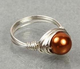 Pearl Wire Wrapped Ring- Sterling Silver with Copper Swarovski Pearl- Custom Made to Size