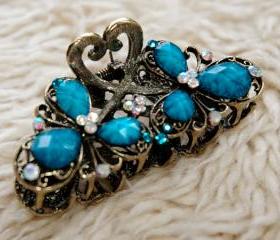 Turquoise Stones and Rhinestone Filigree Claw Clip