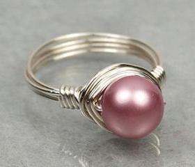 Wire Wrapped Sterling Silver Ring with Rose Pink Swarovski Pearl- Custom Made to Size