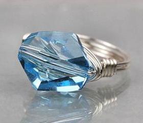 Sterling Silver Wire Wrapped Ring with Sky Blue Swarovski Crystal- Custom Made to Size