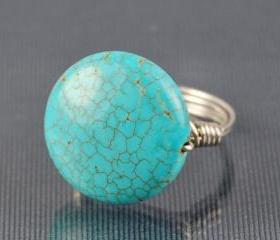Round Turquoise Gemstone Ring - Sterling Silver Wire Wrapped - Custom Made to Size