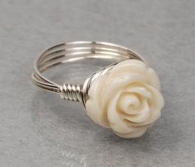 Sterling Silver Wire Wrapped Ring with Antique White Carved Gemstone Rose- Custom Made to Size