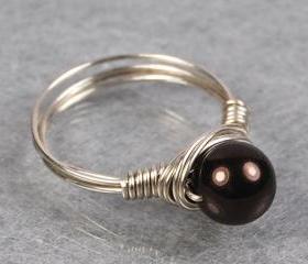 Wire Wrapped Sterling Silver Ring with Chocolate Swarovski Pearl- Custom Made to Size