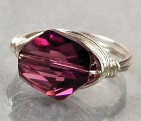 Sterling Silver Wire Wrapped Ring with Amethyst Purple Swarovski Crystal- Custom Made to Size