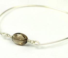 Bangle Bracelet- Oval Smoky Quartz Gemstone Bead and Sterling Silver Filled Wire- Custom Made to Size