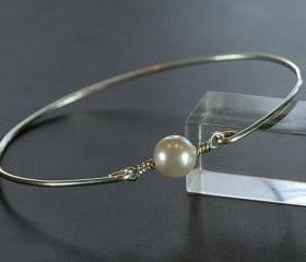 Pearl Bangle Bracelet- White Swarovski Pearl Bead and Sterling Silver Filled Wire- Custom Made to Size