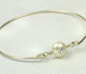 Sterling Silver Filled Bangle Bracelet with White Freshwater Pearl with Swarovski Crystal - Custom Made to Size