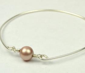Silver Bangle Bracelet- Almond Swarovski Pearl Bead and Sterling Silver Filled Wire- Custom Made to Size