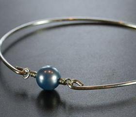 Sterling Silver Bangle Bracelet- Powder Blue Swarovski Pearl Bead and Sterling Silver Filled Wire- Custom Made to Size