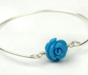 Bangle Bracelet- Turquoise Gemstone Rose Bead and Sterling Silver Filled Wire- Custom Made to Size