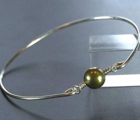 Pearl Bangle Bracelet- Green Swarovski Pearl Bead and Sterling Silver Filled Wire- Custom Made to Size