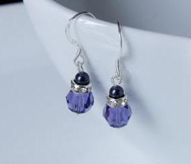 Purple Earrings - Pearl and Crystal, Swarovski - Bridesmaids - Bridal Party Gift