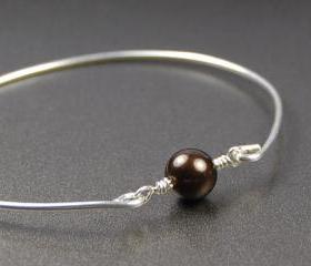 Pearl Bangle Bracelet- Chocolate Brown Swarovski Pearl Bead and Sterling Silver Filled Wire- Custom Made to Size
