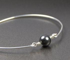 Bangle Bracelet- Dark Grey Swarovski Pearl Bead and Sterling Silver Filled Wire- Custom Made to Size