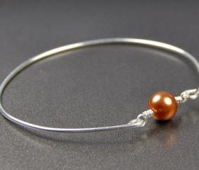 Pearl Bangle Bracelet- Copper Swarovski Pearl Bead and Sterling Silver Filled Wire- Custom Made to Size
