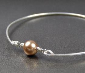 Silver Bangle Bracelet- Bronze Swarovski Pearl Bead and Sterling Silver Filled Wire- Custom Made to Size