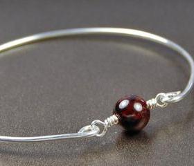 Garnet Bangle Bracelet- Round Garnet Bead and Sterling Silver Filled Wire- Custom Made to Size