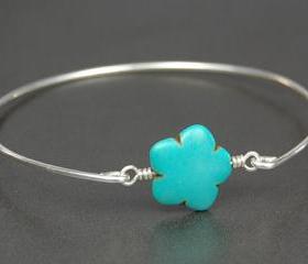 Bangle Bracelet- Carved Howlite Flower Gemstone Bead and Sterling Silver Filled Wire- Custom Made to Size