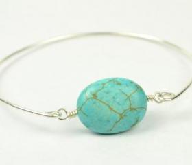 Turquoise Bangle Bracelet- Turquoise Oval Bead and Sterling Silver Filled Wire- Custom Made to Size