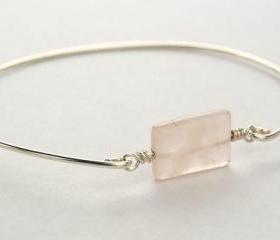 Bangle Bracelet- Rectangle Rose Quartz Gemstone Bead and Sterling Silver Filled Wire- Custom Made to Size