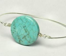 Turquoise Bangle Bracelet- Large Round Turquoise Bead and Sterling Silver Filled Wire- Custom Made to Size