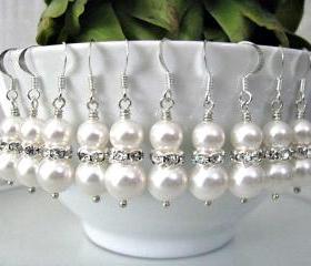 Set of Five (5) Bridesmaid Earrings - Crystal White Swarovski Pearls With Rhinestone Rondelles Bridal Earrings - Bridal Wedding Jewelry
