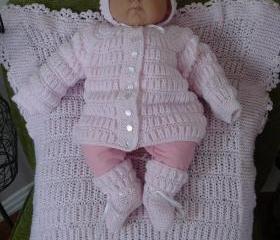 MADE TO ORDER/ Handmade Hand Knitted Shalom Cardigan 4PC New Born Baby Sweater/Cardigan-Booties-Bonnet-Blanket /For A Girl