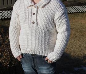 Ready to ship/Natural Superfine merino wool HANDMADE Knitted Sweater with Collar/ Unisex/ will fit size M to 2X Large