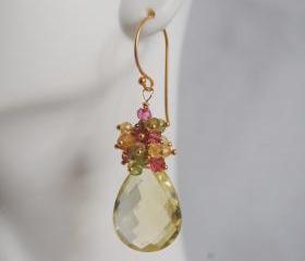  Genuine lemon Quartz Cluster Dangle Earrings - Gemstone peridot - pink quartz Cluster Dangle drop Earrings